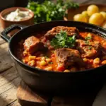 Гуляш зі свинини в казанку з гарніром